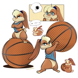 Size: 1200x1200 | Tagged: safe, artist:malengil, lola bunny (looney tunes), lagomorph, mammal, rabbit, feral, semi-anthro, looney tunes, space jam, space jam: a new legacy, warner brothers, :<, ball, basketball, blonde hair, blue eyes, brown body, brown fur, chibi, clothes, cream body, cream fur, crossed arms, female, floppy ears, frowning, fur, hair, hand hold, holding, loafing, long ears, looking at you, lying down, paws, prone, shirt, simple background, solo, solo female, standing, topwear, white background
