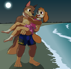 Size: 3600x3500 | Tagged: safe, artist:yipthecoyotepup, chase (paw patrol), skye (paw patrol), canine, cockapoo, dog, german shepherd, mammal, anthro, plantigrade anthro, nickelodeon, paw patrol, 2021, barefoot, beach, black nose, breasts, bulge, clothes, commission, digital art, duo, ears, eyelashes, feet, female, fur, hair, high res, looking at each other, male, male/female, moon, muscles, night, ocean, one-piece swimsuit, open mouth, pecs, pink swimsuit, sand, sky, swimming trunks, swimsuit, tail, tongue, water