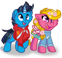 Size: 1117x1048 | Tagged: safe, artist:rainbow eevee, corn (corn and peg), peg (corn and peg), equine, fictional species, mammal, pegasus, unicorn, feral, corn and peg, friendship is magic, hasbro, my little pony, nickelodeon, 2d, blue body, blue fur, colt, cute, duo, female, filly, foal, front view, fur, horn, male, open mouth, pink body, pink fur, simple background, three-quarter view, transparent background, ungulate, wings, young