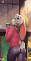Size: 850x1645 | Tagged: suggestive, artist:lunaticwabbit, judy hopps (zootopia), lagomorph, leporid, mammal, rabbit, anthro, disney, zootopia, autumn, butt, clothes, coffee, detailed background, drink, female, fur, glistening, glistening clothing, gray body, gray fur, leaf, legwear, lidded eyes, looking at you, looking back, looking back at you, purple eyes, scarf, scut tail, solo, solo female, sweater, tight clothing, topwear