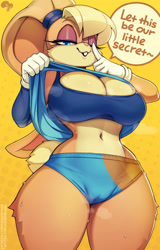 Size: 1000x1563 | Tagged: suggestive, artist:krokobyaka, lola bunny (looney tunes), lagomorph, mammal, rabbit, anthro, looney tunes, space jam, space jam: a new legacy, warner brothers, 2021, belly button, big breasts, blonde hair, blue eyes, bottomwear, breasts, clothes, dialogue, eyebrows, eyelashes, eyeshadow, female, fur, hair, long ears, looking at you, makeup, multicolored fur, short tail, simple background, solo, solo female, speech bubble, tail, talking, thick thighs, thighs, topwear, two toned body, two toned fur, yellow background