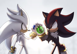 Size: 1920x1358 | Tagged: safe, artist:iralibis, shadow the hedgehog (sonic), silver the hedgehog (sonic), hedgehog, mammal, anthro, sega, sonic the hedgehog (series), 2021, black body, black fur, black tail, chaos emerald, chest fluff, clothes, digital art, duo, duo male, fluff, fur, gloves, looking at each other, male, males only, quills, red body, red eyes, red fur, simple background, tail, white background, white body, white fur, white tail, yellow eyes