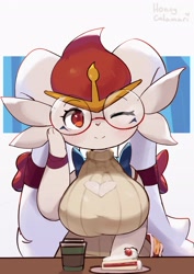 Size: 2100x2965 | Tagged: safe, artist:honeycalamari, cinderace, fictional species, mammal, anthro, nintendo, pokémon, 2020, absolute cleavage, big breasts, blushing, breasts, cake, cleavage, clothes, ears, eyebrows, eyelashes, female, food, fur, gigantamax, glasses, hair, high res, long ears, one eye closed, paws, red eyes, red hair, round glasses, solo, solo female, starter pokémon, sweater, topwear, white body, white fur