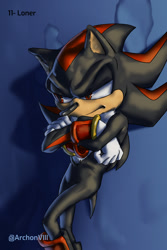 Size: 1200x1800 | Tagged: safe, artist:archonviii, shadow the hedgehog (sonic), hedgehog, mammal, anthro, sega, sonic the hedgehog (series), 2021, black body, black fur, black tail, chest fluff, clothes, crossed arms, digital art, fluff, frowning, fur, gloves, leaning, male, quills, red body, red eyes, red fur, signature, solo, solo male, tail