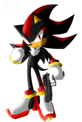 Size: 1600x2386 | Tagged: safe, artist:sfan12, shadow the hedgehog (sonic), hedgehog, mammal, anthro, sega, sonic the hedgehog (series), 2021, black body, black fur, black tail, chest fluff, clothes, digital art, fluff, frowning, fur, gloves, gun, hand hold, holding, male, quills, red body, red eyes, red fur, shoes, simple background, solo, solo male, tail, transparent background, weapon