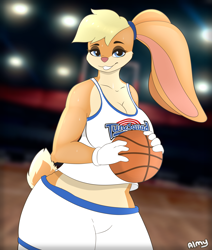 Size: 3503x4133 | Tagged: safe, artist:suchalmy, lola bunny (looney tunes), hare, lagomorph, mammal, rabbit, anthro, looney tunes, space jam, warner brothers, ball, basketball, clothes, crop top, female, midriff, solo, solo female, sports, stadium, topwear