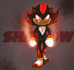 Size: 1280x1206 | Tagged: safe, artist:drjoshfox, shadow the hedgehog (sonic), hedgehog, mammal, anthro, sega, sonic the hedgehog (series), sonic the hedgehog movie, 2021, angry, black body, black fur, chest fluff, clothes, digital art, fluff, fur, gloves, glowing, glowing eyes, glowing hand, male, quills, red body, red eyes, red fur, shoes, solo, solo male, text