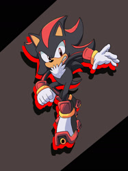 Size: 1280x1707 | Tagged: safe, artist:jinjojuice, shadow the hedgehog (sonic), hedgehog, mammal, anthro, sega, sonic the hedgehog (series), 2021, black body, black fur, black tail, chest fluff, clothes, digital art, fluff, frowning, fur, gloves, male, quills, red body, red eyes, red fur, sharp teeth, shoes, solo, solo male, tail, teeth