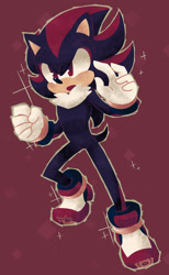 Size: 1280x2074 | Tagged: safe, artist:masterofdoodlez, shadow the hedgehog (sonic), hedgehog, mammal, anthro, sega, sonic the hedgehog (series), 2021, black body, black fur, black tail, chest fluff, clothes, digital art, fluff, fur, gloves, male, open mouth, quills, red background, red body, red eyes, red fur, shoes, simple background, solo, solo male, tail