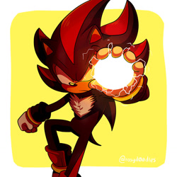 Size: 1280x1280 | Tagged: safe, artist:rosyd00dles, shadow the hedgehog (sonic), hedgehog, mammal, anthro, sega, sonic the hedgehog (series), 2021, black body, black fur, black tail, border, chest fluff, clothes, digital art, fist, fluff, frowning, fur, gloves, glowing, male, quills, red body, red eyes, red fur, shoes, simple background, solo, solo male, tail, yellow background