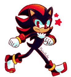 Size: 544x590 | Tagged: safe, artist:masterofdoodlez, shadow the hedgehog (sonic), hedgehog, mammal, anthro, sega, sonic the hedgehog (series), 2018, black body, black fur, black tail, chest fluff, clothes, digital art, fluff, frowning, fur, gloves, male, quills, red body, red eyes, red fur, signature, simple background, solo, solo male, tail, walking, white background