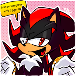 Size: 1024x1024 | Tagged: safe, artist:thegreatrouge, shadow the hedgehog (sonic), hedgehog, mammal, anthro, sega, sonic the hedgehog (series), 2021, black body, black fur, bust, chest fluff, clothes, digital art, fluff, fur, gloves, lidded eyes, male, open mouth, quills, red body, red eyes, red fur, shrug, snapcube, solo, solo male, speech bubble, vulgar
