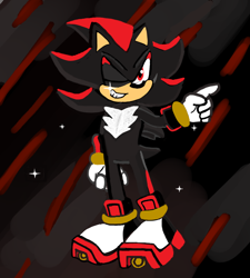 Size: 588x652 | Tagged: safe, artist:hedgehogfairy224, shadow the hedgehog (sonic), hedgehog, mammal, anthro, sega, sonic the hedgehog (series), 2021, abstract background, black body, black fur, black fur. red fur, black tail, chest fluff, clothes, digital art, fluff, fur, gloves, male, one eye closed, quills, red body, red eyes, shoes, solo, solo male, standing, tail, teeth, winking
