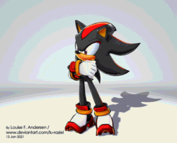Size: 700x565 | Tagged: safe, artist:lu-raziel, shadow the hedgehog (sonic), hedgehog, mammal, anthro, sega, sonic the hedgehog (series), 2021, 3d, 3d animation, animated, black body, black fur, black tail, clothes, crossed arms, digital art, fur, gif, gloves, male, quills, red body, red eyes, red fur, shoes, solo, solo male, standing, tail