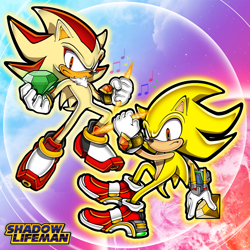 Size: 2500x2500 | Tagged: safe, artist:shadowlifeman, shadow the hedgehog (sonic), sonic the hedgehog (sonic), hedgehog, mammal, anthro, sega, sonic adventure 2, sonic the hedgehog (series), 2021, chaos emerald, chaos spear, chest fluff, clothes, digital art, duo, duo male, fluff, frowning, fur, gloves, hand hold, high res, holding, male, males only, quills, red body, red eyes, red fur, shoes, style emulation, super shadow, super sonic, tail, yellow body, yellow fur, yellow tail