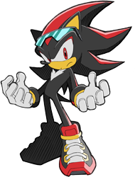 Size: 544x716 | Tagged: safe, official art, shadow the hedgehog (sonic), hedgehog, mammal, anthro, sega, sonic riders, sonic the hedgehog (series), 2006, alternate outfit, black body, black fur, chest fluff, clothes, digital art, fluff, frowning, fur, glasses, gloves, male, quills, red body, red eyes, red fur, shoes, simple background, solo, solo male, sunglasses, transparent background