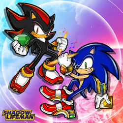 Size: 2500x2500 | Tagged: safe, artist:shadowlifeman, shadow the hedgehog (sonic), sonic the hedgehog (sonic), hedgehog, mammal, anthro, sega, sonic adventure 2, sonic the hedgehog (series), 2021, black body, black fur, black tail, blue body, blue fur, blue tail, chaos emerald, chaos spear, chest fluff, clothes, digital art, duo, duo male, fluff, frowning, fur, gloves, green eyes, hand hold, high res, holding, male, males only, quills, red body, red eyes, red fur, shoes, soap shoes, style emulation, tail