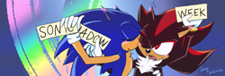 Size: 1500x510 | Tagged: safe, artist:sonysakura, shadow the hedgehog (sonic), sonic the hedgehog (sonic), hedgehog, mammal, anthro, sega, sonic the hedgehog (series), 2021, black body, black fur, blue body, blue fur, blushing, bust, digital art, duo, duo male, eyes closed, fangs, fur, hand hold, holding, kissing, male, male/male, males only, one eye closed, open mouth, quills, red body, red eyes, red fur, sharp teeth, shipping, signature, sonadow (sonic), teeth, text