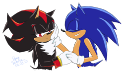 Size: 2819x1618 | Tagged: safe, artist:sonysakura, shadow the hedgehog (sonic), sonic the hedgehog (sonic), hedgehog, mammal, anthro, sega, sonic the hedgehog (series), 2020, black body, black fur, black tail, blue body, blue fur, blue tail, blushing, chest fluff, clothes, digital art, duo, duo male, eyes closed, fluff, fur, gloves, holding, holding hands, male, male/male, males only, quills, red body, red eyes, shipping, simple background, smiling, sonadow (sonic), tail, transparent background