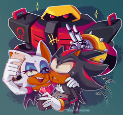 Size: 1280x1196 | Tagged: safe, artist:sanic-baddie, e-123 omega (sonic), rouge the bat (sonic), shadow the hedgehog (sonic), bat, fictional species, hedgehog, mammal, robot, anthro, humanoid, sega, sonic the hedgehog (series), 2021, black body, black fur, blushing, bust, cell phone, chest fluff, digital art, eyeshadow, fangs, female, fluff, fur, green eyes, group, happy, lipstick, makeup, male, male/female, one eye closed, open mouth, phone, quills, red body, red eyes, shadouge (sonic), sharp teeth, shipping, smartphone, sweat, sweatdrop, teeth, trio, white body, white fur