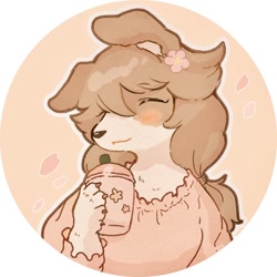 Size: 1000x1000 | Tagged: safe, artist:nekomamanyao, oc, oc only, canine, dog, mammal, anthro, abstract background, blushing, brown body, brown fur, brown hair, bust, claws, clothes, drink, drinking straw, eyes closed, female, flower, flower in hair, fur, hair, hair accessory, holding object, paws, shirt, smiling, solo, solo female, topwear, white body, white fur