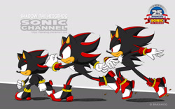 Size: 1920x1200 | Tagged: safe, artist:bakahorus, shadow the hedgehog (sonic), hedgehog, mammal, anthro, sega, sonic boom (series), sonic the hedgehog (series), 2017, 8:5, anniversary, black body, black eyes, black fur, black tail, chest fluff, clothes, digital art, fluff, frowning, fur, gloves, group, male, males only, multeity, quills, red body, red eyes, red fur, running, self paradox, shoes, style emulation, tail, trio, trio male