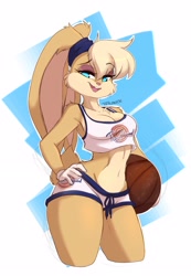 Size: 2204x3187 | Tagged: safe, artist:teranen, lola bunny (looney tunes), lagomorph, mammal, rabbit, anthro, looney tunes, warner brothers, 2019, ball, basketball, bedroom eyes, belly button, big breasts, black outline, blonde hair, blue eyes, border, bottomwear, breasts, chest fluff, clothes, crop top, doodle, double outline, female, fluff, fur, gloves, hair, hand on hip, high res, long ears, looking at you, makeup, micro shorts, midriff, multicolored fur, open mouth, pink nose, short tail, shorts, sketch, solo, solo female, sports bra, sports shorts, tail, topwear, two toned body, two toned fur, white border, white outline