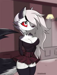 Size: 1200x1600 | Tagged: safe, artist:hitoshi93, loona (vivzmind), canine, fictional species, hellhound, mammal, anthro, hazbin hotel, helluva boss, 2021, :3, big breasts, black nose, bottomwear, breasts, cleavage, clothes, colored sclera, cute, ear piercing, ears, eyelashes, female, fluff, fur, gray body, gray fur, hair, hair over one eye, jewelry, legwear, long hair, multicolored fur, necklace, piercing, red sclera, shirt, shoulder fluff, skirt, smiling, solo, solo female, tail, thigh highs, topwear, white body, white eyes, white fur, white hair