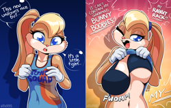 Size: 2026x1280 | Tagged: suggestive, artist:alfa995, lola bunny (looney tunes), lagomorph, mammal, rabbit, anthro, looney tunes, space jam, space jam: a new legacy, warner brothers, 2021, big breasts, blonde hair, blue eyes, breasts, clothes, dialogue, eyebrows, eyelashes, female, fur, gloves, hair, looking at you, multicolored fur, open mouth, solo, solo female, speech bubble, talking, tongue, two toned body, two toned fur