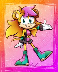 Size: 772x950 | Tagged: safe, artist:vaporotem, mina mongoose (sonic), mammal, mongoose, anthro, archie sonic the hedgehog, sega, sonic the hedgehog (series), 2021, alternate design, belt, boots, bottomwear, cheek fluff, clothes, digital art, ear piercing, earring, female, fluff, fur, gloves, green eyes, hair, long tail, piercing, purple hair, shoes, shorts, solo, solo female, tail, tank top, topwear, yellow body, yellow fur, yellow tail