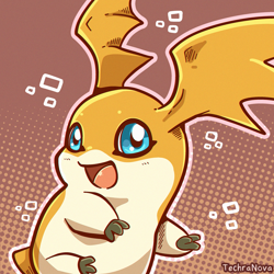 Size: 2000x2000 | Tagged: safe, artist:sarahrichford, fictional species, patamon, digimon, 2021, ambiguous gender, digital art, high res, open mouth, orange body, orange tail, short tail, solo, solo ambiguous, tail, teal eyes