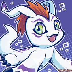 Size: 2000x2000 | Tagged: safe, artist:sarahrichford, fictional species, gomamon, digimon, 2021, ambiguous gender, black claws, claws, digital art, green eyes, hair, happy, high res, open mouth, orange hair, solo, solo ambiguous, tail, white body, white tail