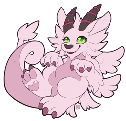 Size: 2493x2406 | Tagged: safe, artist:parad0x-f0x, fictional species, magnadramon, digimon, 2019, ambiguous gender, digital art, fangs, fur, green eyes, high res, horns, open mouth, paw pads, paws, pink body, pink claws, pink fur, pink tail, sharp teeth, simple background, solo, solo ambiguous, tail, teeth, transparent background, underpaw, watermark