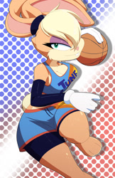 Size: 1169x1800 | Tagged: safe, artist:kojiro-brushard, artist:kojiro-highwind, lola bunny (looney tunes), lagomorph, mammal, rabbit, anthro, looney tunes, space jam, space jam: a new legacy, warner brothers, 2021, ball, basketball, big breasts, blonde hair, bottomwear, breasts, cheek fluff, cleavage, clothes, eyelashes, eyeshadow, female, fluff, gloves, green eyes, hair, long ears, looking at you, makeup, paws, short tail, shorts, solo, solo female, sports bra, sports shorts, tail, topwear
