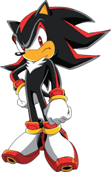 Size: 1000x1551 | Tagged: safe, official art, shadow the hedgehog (sonic), hedgehog, mammal, anthro, sega, sonic the hedgehog (series), sonic x, 2003, black body, black fur, black tail, chest fluff, clothes, digital art, fluff, frowning, fur, gloves, hand on hip, male, quills, red body, red eyes, red fur, shoes, simple background, solo, solo male, tail, transparent background