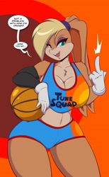 Size: 1667x2709 | Tagged: safe, artist:mastergodai, lola bunny (looney tunes), lagomorph, mammal, rabbit, anthro, looney tunes, space jam, space jam: a new legacy, warner brothers, 2021, ball, basketball, big breasts, blonde hair, bottomwear, breasts, cleavage, clothes, crop top, cyan eyes, dialogue, eyebrows, eyelashes, eyeshadow, female, gloves, hair, long ears, makeup, middle finger, midriff, open mouth, shorts, solo, solo female, speech bubble, sports bra, sports shorts, talking, thick thighs, thighs, tongue, topwear, vulgar