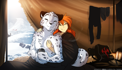 Size: 2240x1280 | Tagged: safe, artist:twokinds, big cat, feline, fictional species, human, keidran, mammal, snow leopard, anthro, twokinds, 2021, backpack, cheek fluff, chest fluff, clothes, cuddling, detailed background, drink, duo, ear fluff, elbow fluff, eyebrows, eyelashes, eyes closed, female, fluff, fur, hair, hand on chest, hand on shoulder, holding, honeymoon, hug, hugging from behind, indoors, lamp, male, male/female, mug, orange hair, partial nudity, shoulder fluff, skin, smiling, snow, spotted fur, tail, tail fluff, tan skin, tent, topless, white body, white fur
