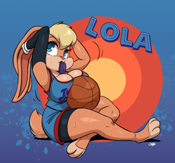 Size: 2000x1863 | Tagged: safe, artist:joaoppereiraus, lola bunny (looney tunes), lagomorph, mammal, rabbit, anthro, looney tunes, space jam, space jam: a new legacy, warner brothers, 2021, ball, basketball, big breasts, blonde hair, blue eyes, blue pupils, bottomwear, breasts, clothes, colored pupils, eyebrows, eyelashes, female, gloves, hair, long ears, paws, short tail, shorts, solo, solo female, sports bra, sports shorts, sweat, tail, topwear