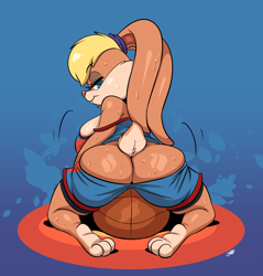 Size: 2200x2300 | Tagged: suggestive, artist:joaoppereiraus, lola bunny (looney tunes), lagomorph, mammal, rabbit, anthro, looney tunes, space jam, space jam: a new legacy, warner brothers, 2021, ball, basketball, bedroom eyes, big breasts, big butt, blonde hair, blue eyes, blue pupils, bottomwear, breasts, butt, clothes, colored pupils, eyebrows, eyelashes, female, hair, high res, kneeling, long ears, looking at you, looking back, looking back at you, paws, short tail, shorts, smiling, smiling at you, solo, solo female, sports bra, sports shorts, sweat, tail, thick thighs, thighs, topwear