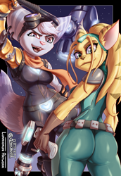 Size: 2300x3351 | Tagged: safe, artist:luraiokun, artist:pltnm06ghost, collaboration, angela cross (r&c), rivet (r&c), fictional species, lombax, mammal, anthro, ratchet & clank, 2021, belt, blaster, blue body, blue fur, border, breasts, butt, cheek fluff, clothes, curvy, curvy figure, detailed background, duo, duo female, ear fluff, ear piercing, earring, ears, elbow fluff, energy weapon, english text, eyebrows, eyelashes, fangs, female, females only, fluff, fur, glistening, glistening body, glistening clothing, gloves, glowing, goggles, goggles on head, green eyes, gun, hammer, hand hold, high res, holding, looking at you, looking back, looking back at you, open mouth, piercing, pink nose, prosthetic arm, prosthetics, purple eyes, scarf, sharp teeth, sideboob, signature, skindentation, smiling, smiling at you, smirk, striped fur, striped tail, stripes, suit, tail, tail fluff, teeth, text, thick thighs, thighs, tight clothing, tongue, utility belt, voluptuous, weapon, yellow body, yellow fur