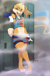 Size: 1000x1515 | Tagged: suggestive, alternate version, artist:punkpega, lola bunny (looney tunes), lagomorph, mammal, rabbit, anthro, looney tunes, space jam, space jam: a new legacy, warner brothers, 2021, ambiguous gender, bottomwear, clothes, eyeshadow, gloves, makeup, open mouth, shorts, solo, solo ambiguous, steam, sweat, undressing, water bottle