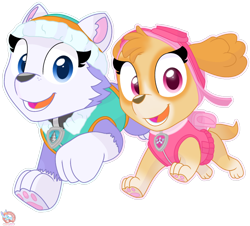 Size: 2250x2033 | Tagged: safe, artist:rainbow eevee, everest (paw patrol), skye (paw patrol), canine, cockapoo, dog, husky, mammal, nordic sled dog, feral, nickelodeon, paw patrol, 2020, clothes, duo, duo female, female, female/female, females only, hat, high res, looking at you, open mouth, paw pads, paws, shipping, simple background, skeverest (paw patrol), tail, teeth, transparent background