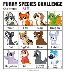 Size: 1750x1920 | Tagged: safe, artist:rainbow eevee, bear, big cat, bird, canine, cat, dog, dragon, feline, fictional species, fox, hippopotamus, lagomorph, leopard, mammal, parrot, protogen, rabbit, seal, wolf, anthro, feral, 2021, ambiguous gender, ambiguous only, furry species challenge, horns, meme, simple background, tail, webbed wings, white background, wings
