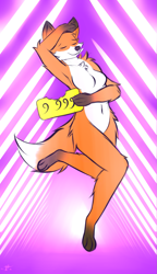 Size: 1077x1868 | Tagged: safe, artist:fironmaplez, canine, fox, mammal, anthro, digitigrade anthro, 2020, bite mark, breasts, card, chest fluff, eyes closed, featureless breasts, fluff, nudity, parody, smiling