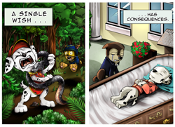 Size: 1024x743 | Tagged: safe, artist:candyclumsy, chase (paw patrol), marshall (paw patrol), canine, dalmatian, dog, german shepherd, mammal, reptile, snake, feral, nickelodeon, paw patrol, 2018, black nose, clothes, coffin, collar, comic, commission, crying, death, digital art, duo, duo male, ears, eyes closed, floppy ears, flower, forest, funeral, fur, hat, helmet, male, males only, open mouth, paw pads, paws, pillow, running, screaming, spotted body, spotted fur, spy chase, tail, tongue, topwear, tree, underpaw, vest