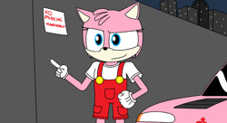 Size: 1024x559 | Tagged: safe, artist:octascratchrock, amy rose (sonic), hedgehog, mammal, anthro, mitsubishi, sega, sonic the hedgehog (series), 2021, car, city, clothes, cute, fast and furious, female, mitsubishi eclipse, overalls, shirt, solo, solo female, t-shirt, tokyo, topwear, vehicle, wagging finger