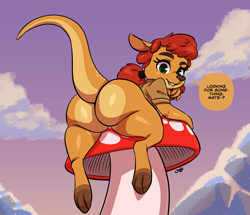 Size: 2000x1718 | Tagged: suggestive, artist:joaoppereiraus, sheila the kangaroo (spyro), kangaroo, mammal, marsupial, anthro, spyro the dragon (series), 2021, big butt, butt, clothes, cloud, detailed background, eyebrows, eyelashes, female, fur, green eyes, hair, hair tie, looking at you, looking back, looking back at you, macropod, mushroom, pigtails, raised tail, rear view, red hair, shirt, signature, sky, smiling, solo, solo female, speech bubble, tail, tan body, tan fur, thick thighs, thighs, topwear