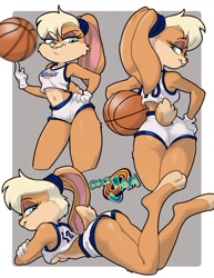 Size: 770x1000 | Tagged: suggestive, artist:centinel303, lola bunny (looney tunes), lagomorph, leporid, mammal, rabbit, anthro, looney tunes, space jam, warner brothers, 2020, 3 toes, ball, barefoot, basketball, basketball uniform, blonde hair, blue eyes, border, breasts, buckteeth, butt, clothes, crop top, eyelashes, feet, female, gray background, hair, hand on hip, holding, holding object, looking back, lying down, midriff, pink nose, prone, short hair, simple background, smiling, solo, solo female, teeth, toes, topwear, underboob, uniform, white border