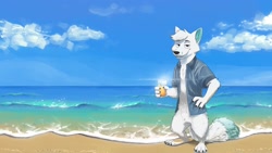 Size: 2048x1152 | Tagged: safe, artist:pawpsiclew, oc, oc only, oc:blepfox, arctic fox, canine, fox, mammal, anthro, plantigrade anthro, 16:9, 2021, beach, black nose, bottomless, claws, clothes, digital art, drink, eyebrow through hair, eyebrows, featureless crotch, front view, fur, glass, hair, hand hold, holding, looking at you, male, nudity, ocean, open clothes, outdoors, partial nudity, paws, sand, shirt, solo, solo male, standing, tail, teal fur, teeth, three-quarter view, topwear, wallpaper, water, waves, white body, white fur, white hair