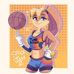 Size: 2048x2048 | Tagged: safe, artist:klaudiapasqui, lola bunny (looney tunes), lagomorph, mammal, rabbit, anthro, looney tunes, space jam, space jam: a new legacy, warner brothers, 2021, ball, basketball, belly button, blonde hair, blue eyes, bottomwear, breasts, clothes, crop top, eyebrows, eyelashes, eyeshadow, female, fur, gloves, hair, hand on hip, high res, long ears, looking at you, makeup, midriff, multicolored fur, short tail, shorts, solo, solo female, sports bra, sports shorts, tail, teeth, topwear, two toned body, two toned fur